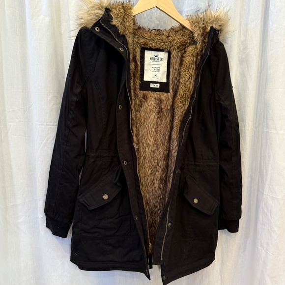Hollister Heritage Women's Black Y2K Style Fur Lined Hooded Parka Jacket Size M - Picture 3 of 9